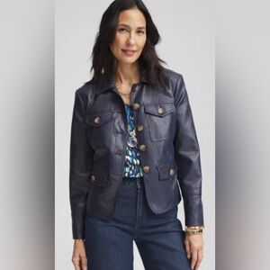 Chico’s Blue Faux Leather Jacket Size 2 Large
